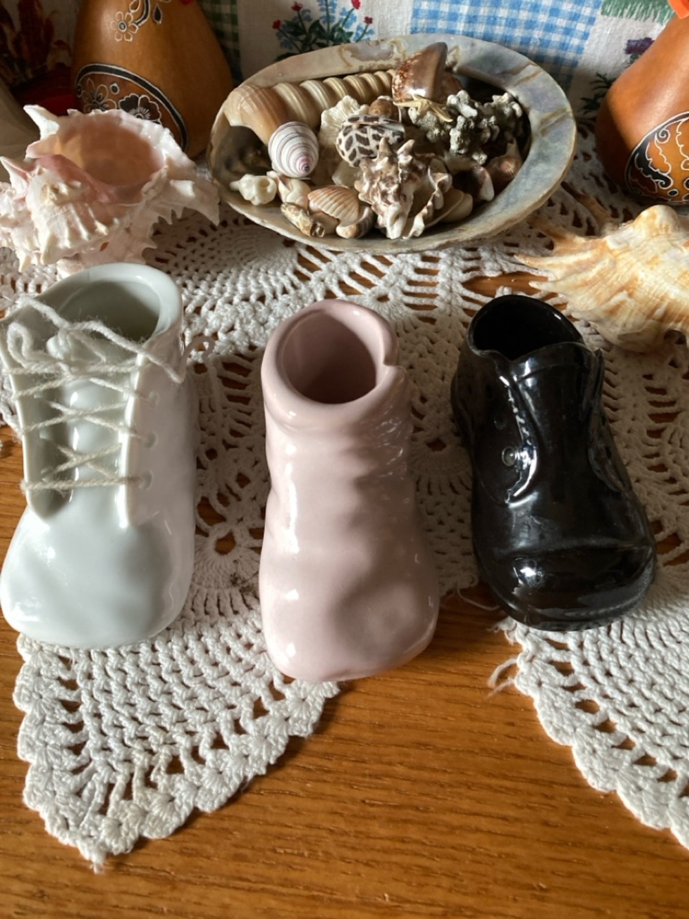 Antique Ceramic Baby Shoe Planters - Pink, White, Black (Set of 3)